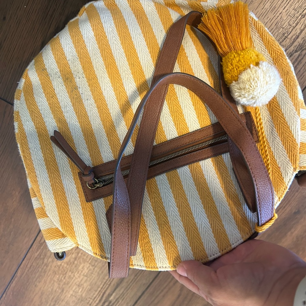Sonoma Striped Round Canvas Tote Bag with Pom Pom Accent - Yellow and White - Picture 3 of 7